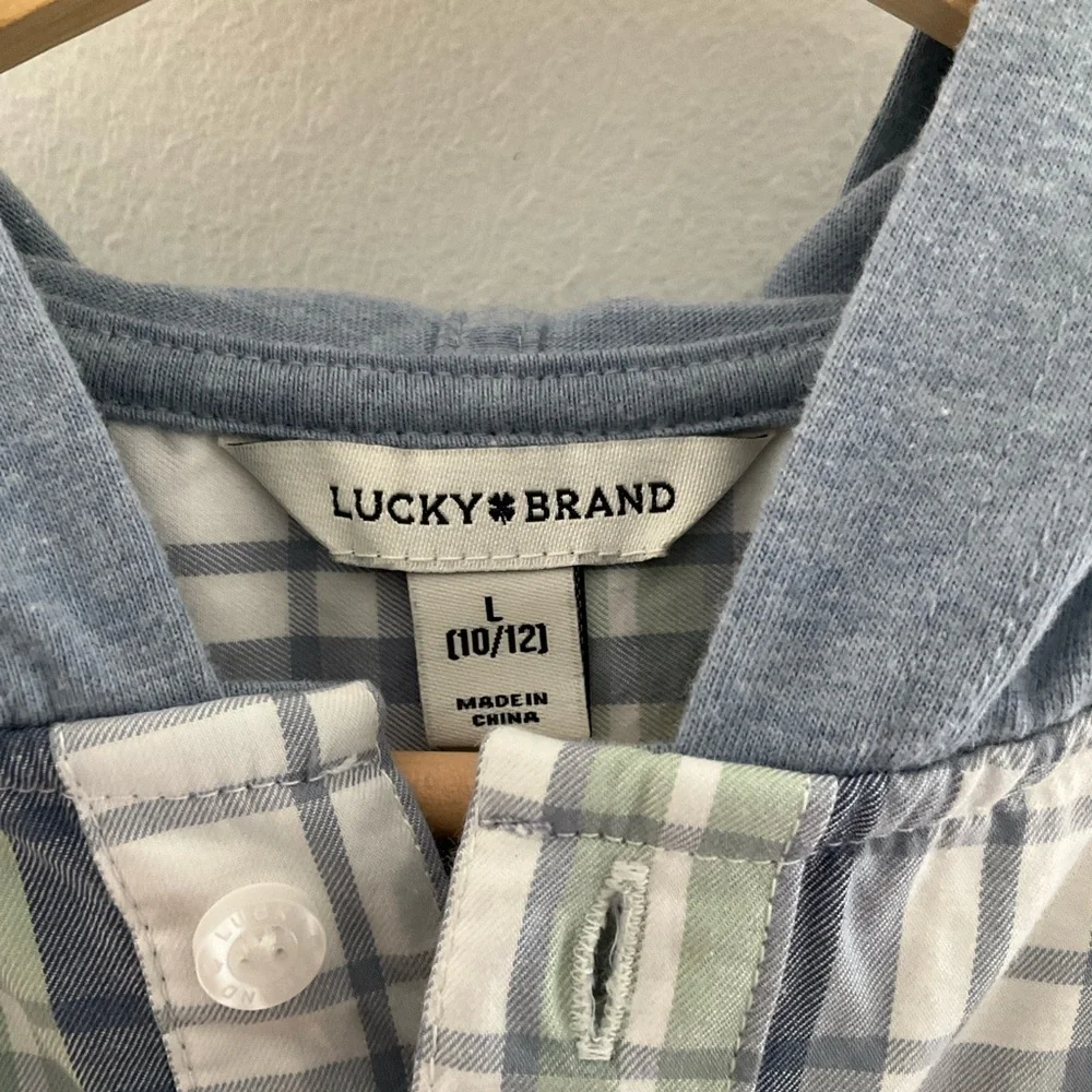 Lucky Brand Large (10-12) Plaid Hooded Shirt — Gray, Navy & Olive